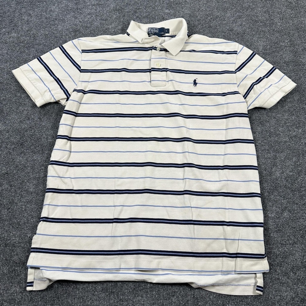 Polo By Ralph Lauren Polo Shirt Mens L White Blue Stripe Pony Logo Cotton Casual